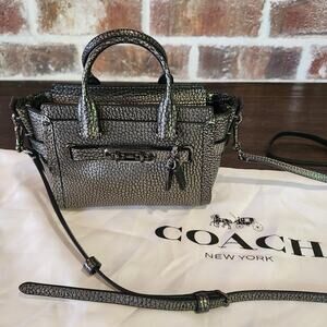 New Coach Mini Swagger 15 In Pebble Leather Gray Metallic Crossbody Bag 54625